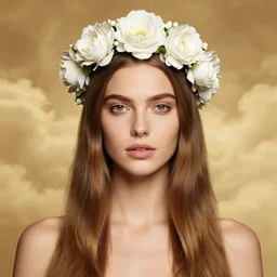 beautiful female supermodel upper body shot wearing bridal flower crown close up portrait symmetrical front, long light brown hair, by amy leibowitz, wlop, jeremy lipkin, beeple, intricate, artgerm, ilya kuvshinov, golden clouds background, centered