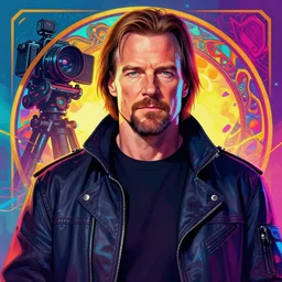 jeff bridges lebowsky portrait seperate from walter white, by etam cru, cyberpunk color, alphonse mucha, by surudenise, beautiful, epic camera, colorful background, league of legend, digital painting, vaporwave, dynamic colors, artstation, graffiti, neon