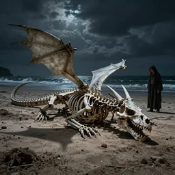 a dragon's skeleton laying on an empty beach at night, by robin eley and alyssa monks and santiago caruso and chris cunningham, creepy, seascape, cloudscape, detailed, creepy, dirty, intricate, photography, photorealistic, vray ray tracing, realism, volumetric lighting, accurate shadows