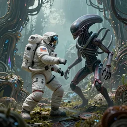 astronaut fighting off a mechanical alien. on the background of a weird magical mechanical forest. Intricate. Very detailed 8k. horror. Sharp. Cinematic post-processing. Unreal engine. Nanite. Ray tracing. Parallax. Tessellation