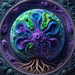 close up circular border with abstract symmetrical designs deep colorful sphere, blue green purple, deep grooves, concept art, depth of field, roots, nature, fluid simulation in houdini, subsurface scattering, volumetric, very detailed, trending on artstation, rendered in octane, cgsociety