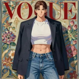 anime vogue, crop top, blazer, jeans, intricate oil painting by greg rutkowski, trending on artstation
