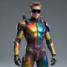 futuristic vitalik buterin wearing skin tight rainbow leather optical camouflage armor, night goggles and an exoskeleton, trending on artstation