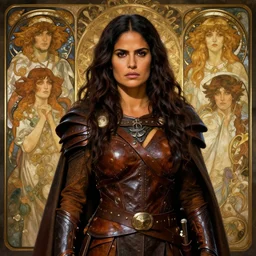 portrait of Salma Hayek  as a surly and determined female barbarian clothed in leather armor and a cloak, neutral expression, by Greg Rutkowski and John Collier and Krenz Cushart and Artem Demura and Alphonse Mucha and Albert Aublet, as seen on ArtStation, 4k, dungeons and dragons, very aesthetic, very detailed, intricate, unreal, fantasy, dramatic, painterly, artstation, sharp focus, smooth