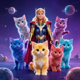 kittens in outer space, still frame from Thor Ragnarok, Guardians of the Galaxy, hypercolor, very colorful, HQ, 4k
