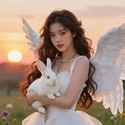 Portrait of a cute elegant woman with angelic white wings on her back, holding a rabbit, luxurious neckless, beautiful long white dress, sunset, warm spring, detailed face, fantasy, anime, vibrant, colorful,  intricate details, trending on ArtStation, Deviantart, by WLOP, james gurney,  norman rockwell