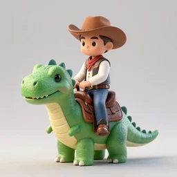 a portrait of a cowboy riding in a saddle on the back of a tiny green dinosaur, adorable and whimsical, fantasy, adorable, unreal engine, octane render, sharp focus, high contrast, matte painting, art by rodney matthews