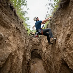 a man climbing out of a ditch, render, 4 k, 8 k, man is jacked and huge, amazing composition