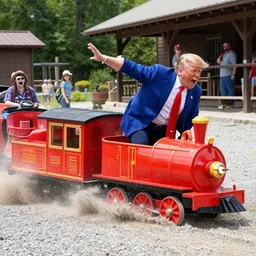 Photo of Donald J. Trump crashing a kiddy train into gravel, screaming, taken in Silver Dollar City 2020