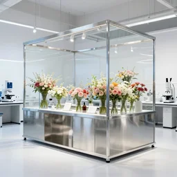flower shop design by white science labotory made of stainless steel and glass, labotory equipment,