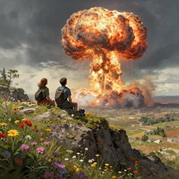 a couple sitting on top of a rock covered hillside with flowers watching a nuclear explosion, a detailed matte painting by filip hodas, cgsociety, fantasy art, artstation hq, vfxfriday, dystopian art