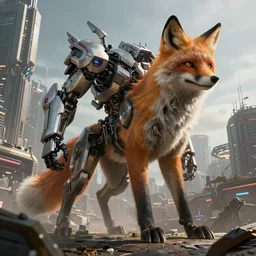 giant majestic fox!!! mechsuit!! in dystopian cyberpunk city, digital art, photorealistic render, octane, artstation