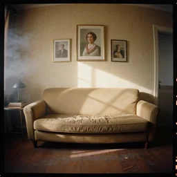 kodak portra 4 0 0, wetplate, 8 mm extreme fisheye, award - winning colour portrait by britt marling : a sunlit 1 9 6 0 s room, 1 9 6 0 s couch, quadratic quadratic picture frames, haze, wallpaper, 1 9 6 0 s metal furniture, smoke, fog, no people