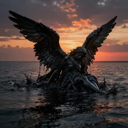 8 k art photography, filmic lighting, cinematic art shot, hyperrealistic, hyperdetailed, super detailed, uhd, uhd, 8 k, high resolution, a fallen angel, black fluid simulation, painting by ross tran and ivan aivazovsky, black water, sunset