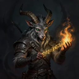 a digital painting of a man satyr with horns and green eyes on a dark background, a character portrait by nina tryggvadottir, featured on deviantart, fantasy art, d & d, official art, concept art, young pan bard with music magic character design from witcher, hellish background, chiaroscuro, flickering light