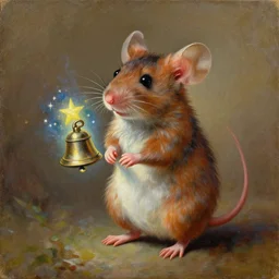 an old oil painting of a cutest mouse standing on two feet with a round bell infused with energy of the stars in its hands, professional painting by hong xiang huang, extremely detailed
