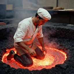 a pizzaiolo knee deep in red hot lava, historical photo, grainy photo