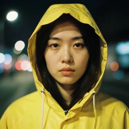 detailed and realistic head portrait photography at night of a woman wearing a yellow raincoat with hoodie. Cinematic. City lights in the background. Lens flare. Portra 800 film. Helios 44m