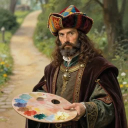 regal medieval artist wearing colourful hat, holding a paint palette, natural lighting, path traced, highly detailed, high quality, digital painting, by don bluth and ross tran and studio ghibli and alphonse mucha, artgerm