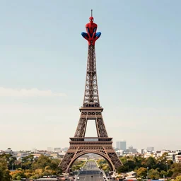 two - point perspective landscape of spider man sitting on top of the eiffel tower
