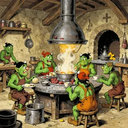 illustration by herge showing a group of green goblins working in a hectic medieval kitchen