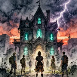 a group of urban fantasy adventurers approach a tall and foreboding haunted house at sunset, teal spectral denizens rise from windows, detailed realistic watercolor by greg rutkowski and kwanchai moriya, haunting, ominous, exciting, solemn, lightning study