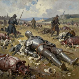 a beautiful wide angle view of an exhausted knight in worn armor on the battlefield surrounded by carnage and carcasses, by Greg Rutkowski, triadic color scheme, impressionist oil painting, 4K, concept art, matte painting