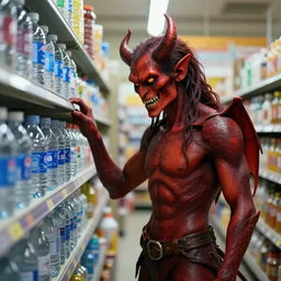 a demon in a store contemplating which brand of water to buy while shopping, digital art picture, highly detailed