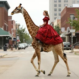 gal gadot, in a red victorian era dress, rides on the back of a huge giraffe necked albino elk as it walks thru the deserted streets of downtown cleveland