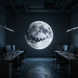 photo of a dark office space with a floating moon sphere with a creepy face smiling in the middle of the room