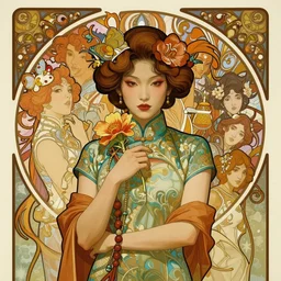 face portrait of a beautiful mysterious chinese in cheongsam holding flower, by eve ventrue, michael carson, andreas rochas, john watkiss, casey weldon, artgerm. art nouveau. tarot card by mucha. gloomhaven. swirly intricate linework background. gaudy colors, sharp edges. octane render