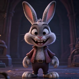 A extremely highly detailed majestic hi-res beautiful, highly detailed head and shoulders portrait of a scary terrifying, horrifying, creepy cartoon rabbit evil smiling standing up wearing pants and a shirt in the style of Walt Disney animation
