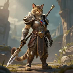 a fantasy proto - cat warrior hero inspired blizzard games full body detailed and realistic 4 k trending on artstation, still frame from movie, octane render