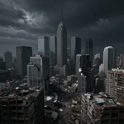 a cityscape that is crumbling and decaying, with dark, foreboding skies above, hyper detailed, digital art, trending in artstation, cinematic lighting, studio quality, smooth render