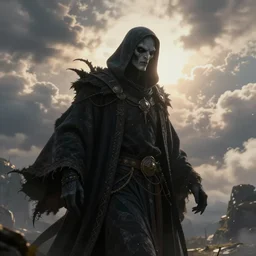 a portrait of grim reaper inan awesome fantasy sci - fi landscape, daylight, clouds in the background, dramatic sky