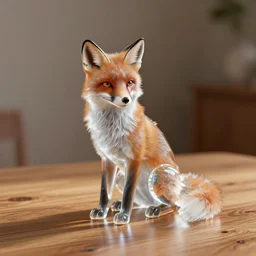 A fox made of glass sits on a warm oak table. There is volumetric lighting and radiosity. High quality octane render, hd, ultra detailed.