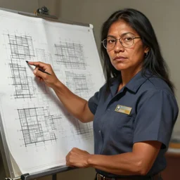 epic portrait of slightly muscular indigenous visionary woman wearing short sleeved instructor uniform pointing pointer on construction plan, precise blueprint, glasses, detailed, digital painting, artstation, concept art, donato giancola, joseph christian leyendecker, wlop, boris vallejo, breathtaking, 8 k resolution, extremely detailed beautiful, establishing shot, artistic hyperrealistic, beautiful face octane render