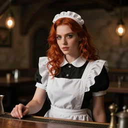 beautiful bar maid with auburn hair, in a medieval tavern, dramatic, cinematic, filmic, 7 5 mm, f / 1. 8