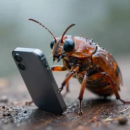 a huge flea in a using a cell phone realistic cinematic 3 5 mm