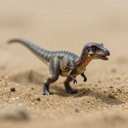 macro photo by national geographic of a tiny dinosaur half emerged from sand, fast shutter speed, motion blur, tiny gaussian blur, insanely detailed, insanely intricate, depth of field, low contrast, wide aperture, action photography