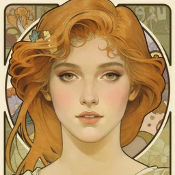 realistic detailed face portrait of Mia Kirschner by Alphonse Mucha, Ayami Kojima, Yoshitaka Amano, Charlie Bowater, Greg Hildebrandt, Jean Delville, William Morris, and Mark Brooks, Art Nouveau, Pre-Raphaelite, Gothic Revival, exquisite fine details, 4k resolution
