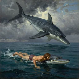 painting of prehistoric caveman swimming to escape plesiosaurus by bo bartlett and edward hopper