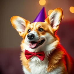 a corgi wearing a purple party hat and a red bowtie, highly detailed, cinematic lighting