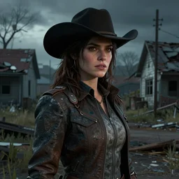 fallout 5, charismatic beautiful, rugged, brunette female protagonist wearing a cowboy - hat, portrait, outdoors ruined suburban area, atmospheric lighting, painted, intricate, volumetric lighting, beautiful, spring, sharp focus, cool deep colours, ultra detailed, by leesha hannigan, ross tran, thierry doizon, kai carpenter, ignacio fernandez rios