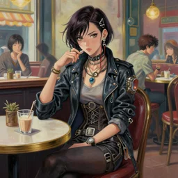 an ultradetailed beautiful painting of a stylish atompunk woman sitting in a cafe, by conrad roset, greg rutkowski and makoto shinkai, trending on artstation
