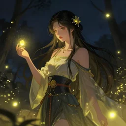 a goddess of the night surrounded by fireflies, highly detailed, artgerm style, artstation, soft light, sharp focus, illustration, character design, concept art
