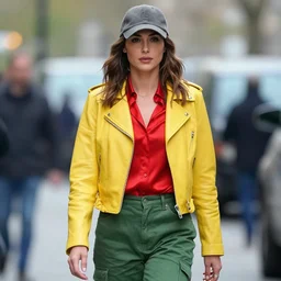 photos of gal gadot wearing a yellow leather jacket, green cargo pants, a red silk blouse, and baseball cap on her head, photoshoot in the style of annie leibovitz, photorealistic, soft focus, bokeh