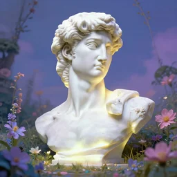 a portrait of a glowing marble stone man in a flowery scenery, digital art,