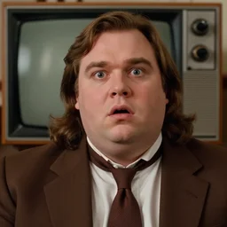 Close up portrait of a clean-shaven chubby man with long brown hair wearing a chocolate brown suit and necktie with a broken television in the background. Photorealistic. Award winning. 1980s movie film still. Intricate details. UHD 8K. He looks very shocked.