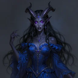 a half body shoot of a black necromancer tiefling with jeweled horns and a blue dress, violet eyes, black long hairs, dreamy and ethereal, golden ratio, peaceful expression, ornate frilly dress, intricate, elegant, dark fantasy, highly detailed, digital painting, artstation, concept art, smooth, b sharp focus, illustration, art by artgerm and greg rutkowski and alphonse mucha